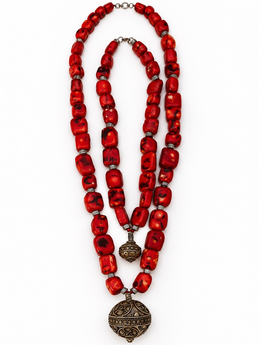 Red Beaded Double Strand Necklace with Ornate Pendant